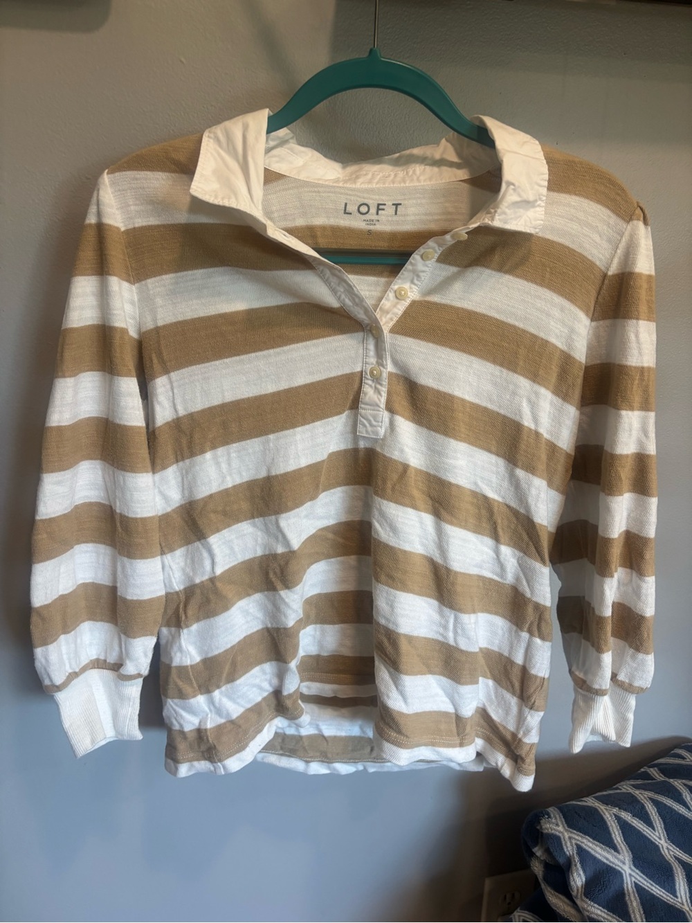 LOFT Cream & Tan Striped Polo Top rugby style